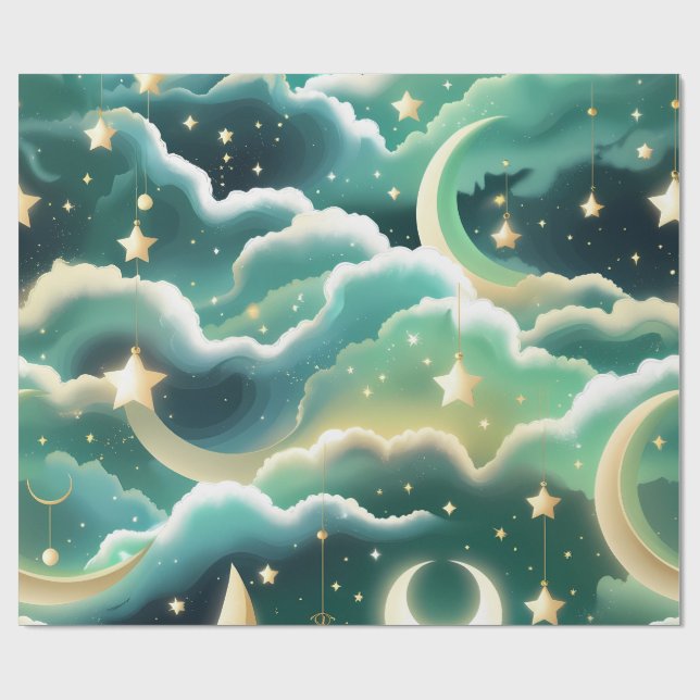 Wrapping Paper – Luxury Mint Green Celestial Moon Geschenkpapier (Flach)