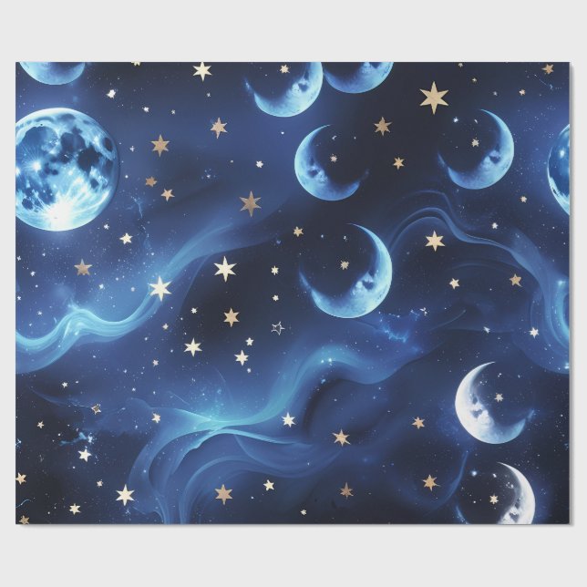 Wrapping Paper Sapphire Blue Celestial Moon Geschenkpapier (Flach)
