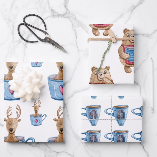 Wrapping Paper Sheets - Deer, Mug, Bear Geschenkpapier Set (Vorderseite)
