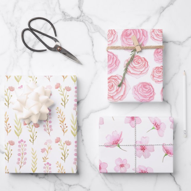 Wrapping Paper Sheets - Pink Flower Patterns Geschenkpapier Set (Vorderseite)