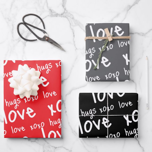 Wrapping Paper Sheets Valentine's Red Black Gray Geschenkpapier Set (Vorderseite)