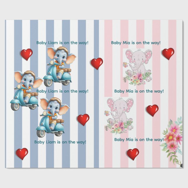 Wrapping Paper Twins Blue Pink Stripe Elephant Geschenkpapier (Flach)
