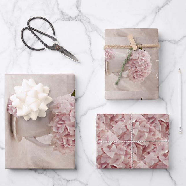 Wrapping Sht. Qty 3 einfache Hydrangeas in Rosa Geschenkpapier Set (Vorderseite)