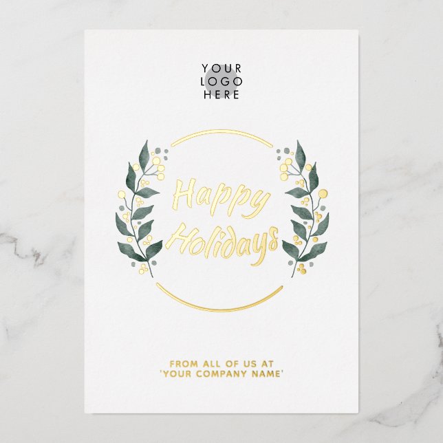 Wreath Business Happy Holidays Real Gold Foil Card Folieneinladung (Vorderseite)