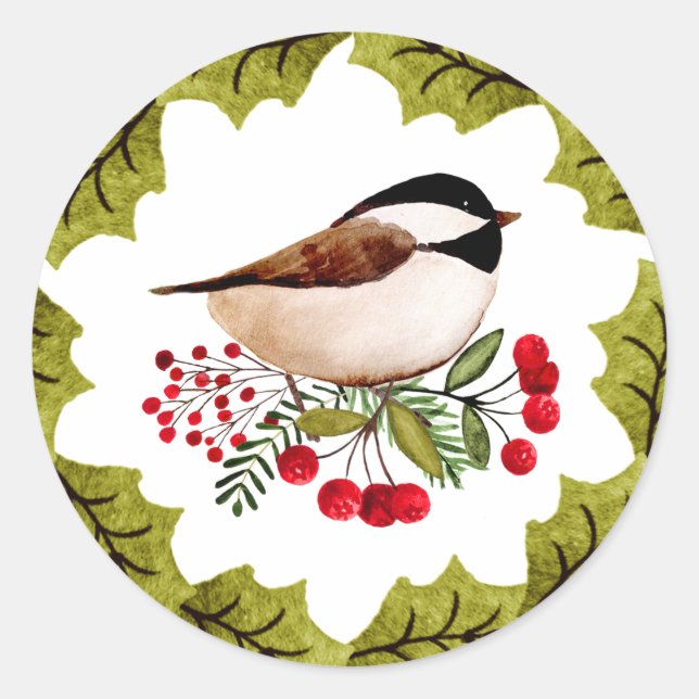 Wreath Chickadee Weihnachtsaufkleber Runder Aufkleber (Vorderseite)