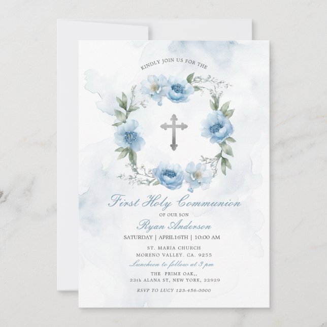 Wreath Dusty Blue First Holy Communion Einladung (Vorderseite)