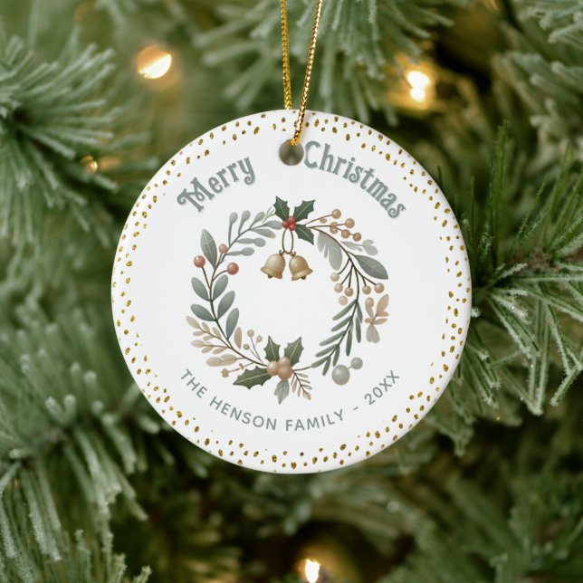 Wreath Foliage Gold Glitzer Weihnachtsfamilie Foto Keramik Ornament (Baum)