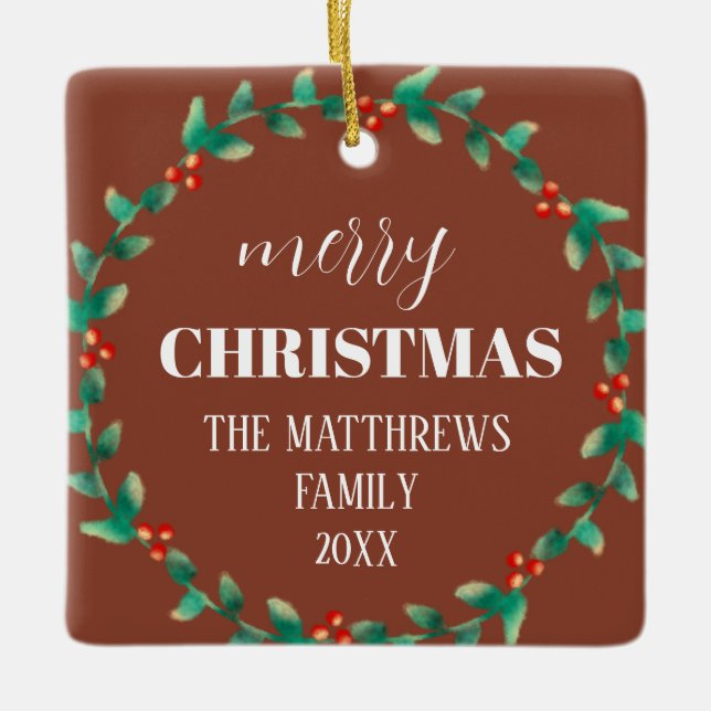 Wreath Frohe Weihnachts-Foto Name Terracotta Keramikornament (Vorderseite)