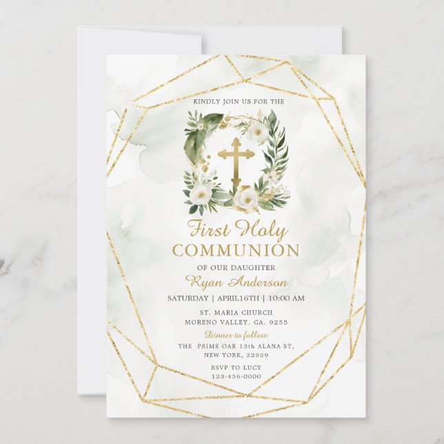 Wreath Greenery White Roses Erste Heilige Kommune Einladung (Vorderseite)