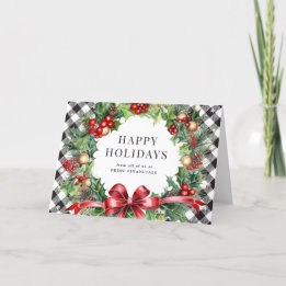 Wreath Holly Berries Black Kariert Business Feiertagskarte