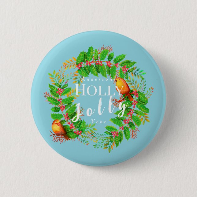 Wreath Holly Jolly Christmas Aquamarin Button (Vorderseite)