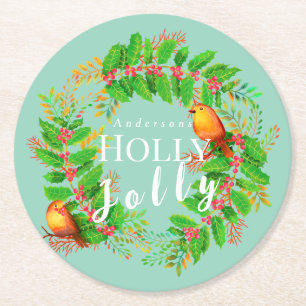 Wreath Holly Jolly Family Light Aquamarin Runder Pappuntersetzer