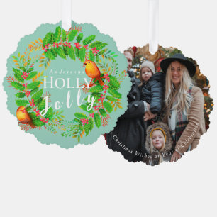 Wreath Holly Jolly Family Light Aquamarines Foto Ornament Karte