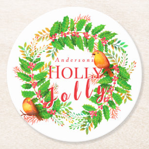 Wreath Holly Jolly Family White Runder Pappuntersetzer