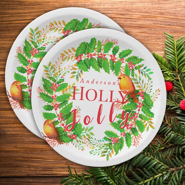 Wreath Holly Jolly White Pappteller (Lovely Wreath Holly Jolly Design.)
