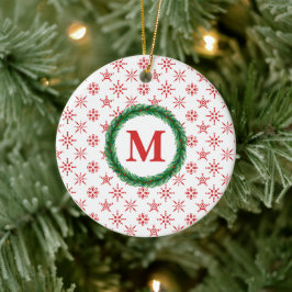 Wreath Monogram, Ihr Name Rote Schneeflocken weiß Keramik Ornament