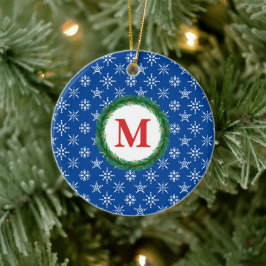 Wreath Monogram, Ihr Name Weißes Schneeflocken Bla Keramik Ornament