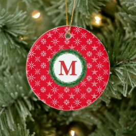 Wreath Monogram, Ihr Name Weißes Schneeflocken Rot Keramik Ornament