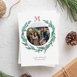 Wreath Monogram Photo Holiday Card Feiertagskarte