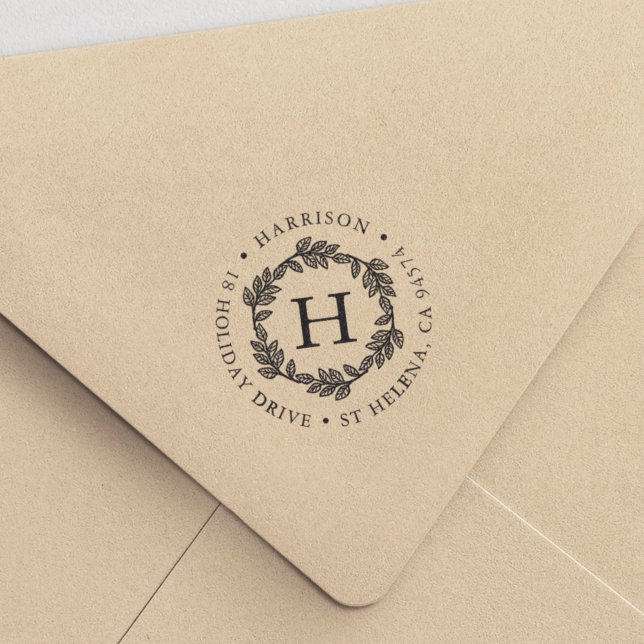 Wreath Monogram Round-Rücksendeadresse Permastempel (Von Creator hochgeladen)