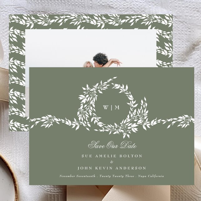 Wreath Monogram Sage Green Classic Foto Wedding Save The Date (Von Creator hochgeladen)