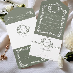 Wreath Monogram Sage Green Classic Frame Wedding All In One Einladung