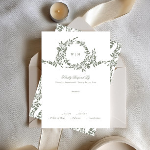 Wreath Monogram Sage Green Elegant Frame Wedding RSVP Karte