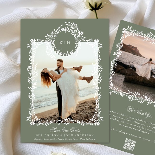Wreath Monogram Sage Green Elegantes Gerahmtes Fot Save The Date (Von Creator hochgeladen)