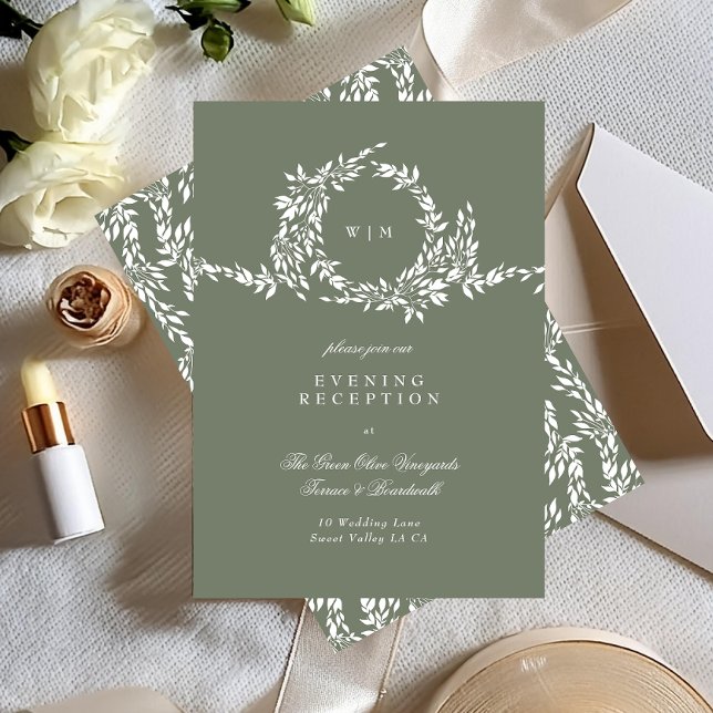 Wreath Monogram Sage Green Wedding Reception Begleitkarte (Von Creator hochgeladen)