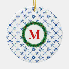 Wreath Monogram Your Name Blue Snowflakes White Keramik Ornament