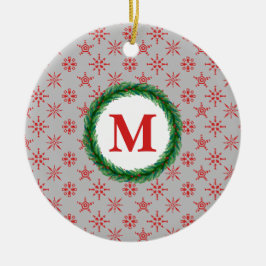 Wreath Monogram Your Name Red Snowflakes Silver Keramik Ornament