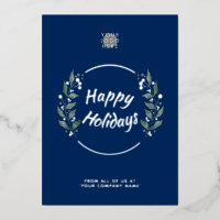 Wreath Navy Blue Business Holiday Silver Foil Card