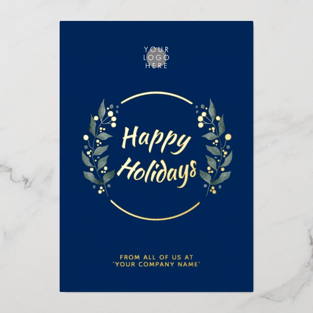 Wreath Navy Blue Business Holidays Gold Foil Card Folieneinladung (Vorderseite)