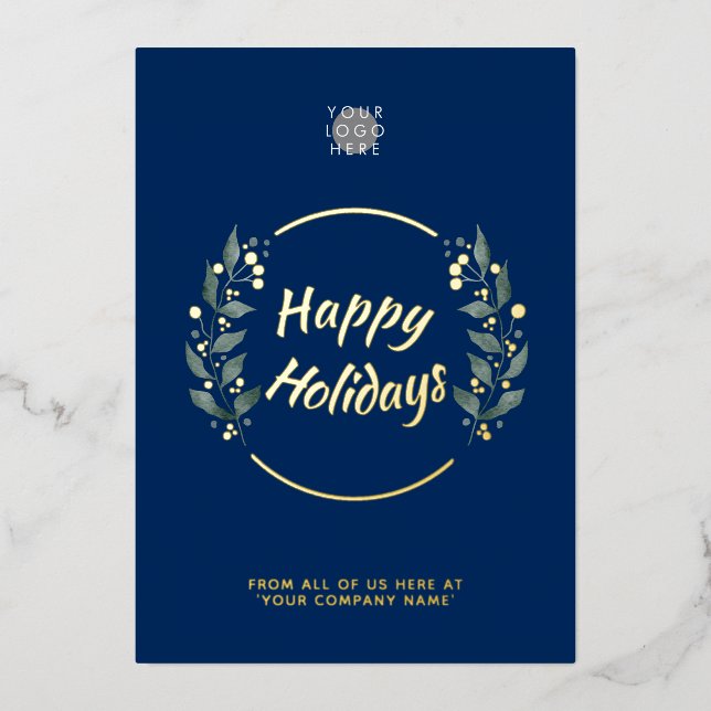 Wreath Navy Blue Business Holidays Gold Foil Card Folieneinladung (Vorderseite)
