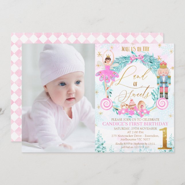 Wreath Nutcracker Land der Süßigkeiten Foto Geburt Einladung (Vorne/Hinten)