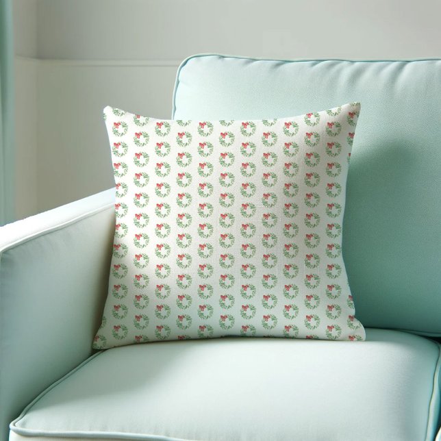 Wreath Pattern Kissen (Christmas throw pillow watercolor red and green wreath patter by Victoria Grigaliunas VG Invites)
