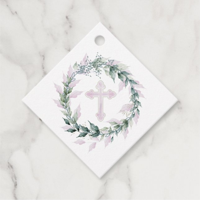 Wreath & Pink Cross Kommunion Taufe Christening Geschenkanhänger (Vorderseite)