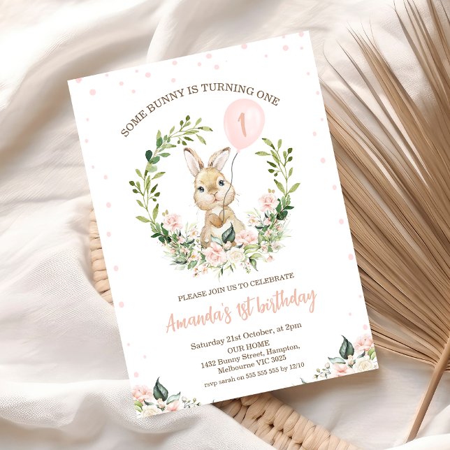 Wreath Pink Floral Irgendein sonniger 1. Geburtsta Einladung (Some Bunny is One Invitation Template Printable, Some Bunny is turning 1 Invitation Template
)