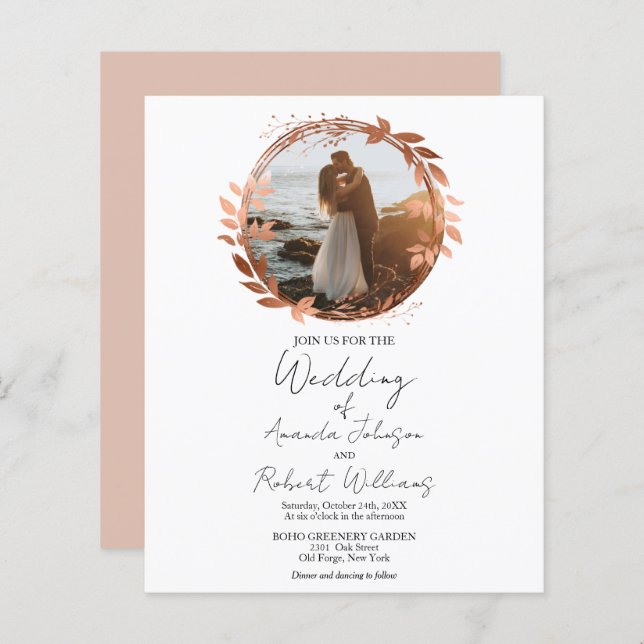Wreath Rose Gold Foil Calligrafy Foto Hochzeit in (Vorne/Hinten)