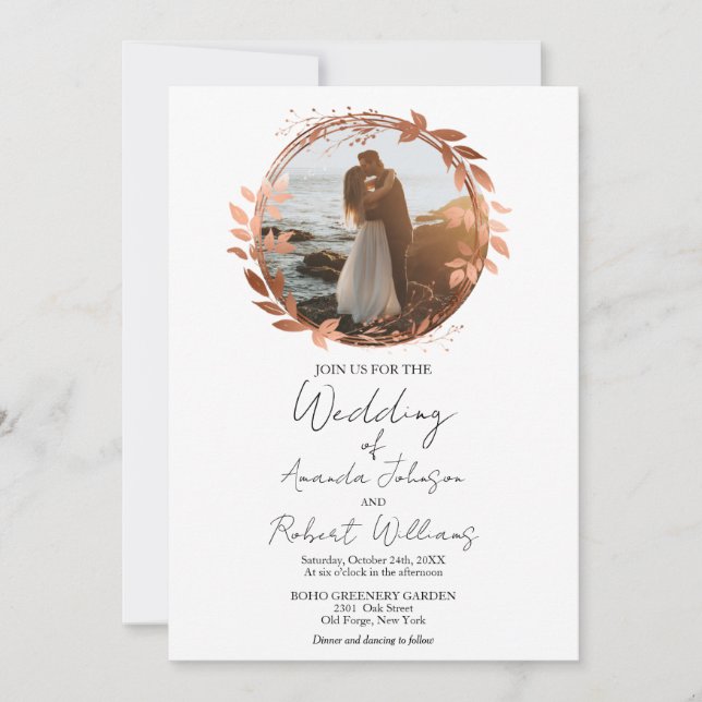 Wreath Rose Gold Foil Calligraphy Foto Wedding Einladung (Vorderseite)