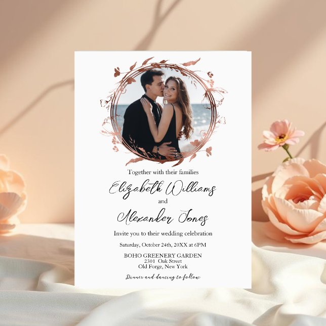Wreath Rose Gold Foil Foto Calligrafy Wedding Einladung (Von Creator hochgeladen)