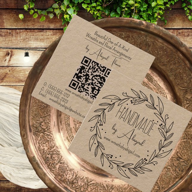 Wreath Vines Handmade | Handgefertigte Visitenkart Quadratische Visitenkarte (Wreath and Vines "Handmade" Crafting QR Code Kraft Paper Business Card )