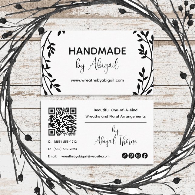 Wreath Vines Handmade | Handgefertigte Visitenkart Visitenkarte (Black and White Wreath Vines "Handmade" Handcrafted Business QR Code Business Card)