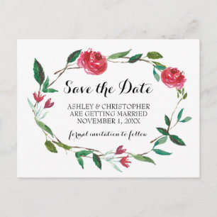 Wreath Wedding Save the Date - boho burgundy Rose Ankündigungspostkarte