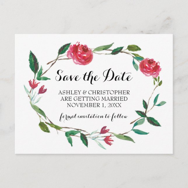 Wreath Wedding Save the Date - boho burgundy Rose Ankündigungspostkarte (Vorderseite)