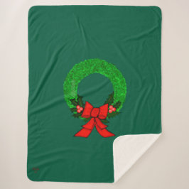 Wreath with Holly and Red Bow Sherpa Blanket Sherpadecke