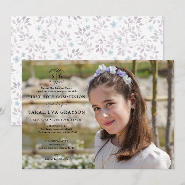 Wreathed Initials - Dunkle erste heilige Kommune Einladung (Vorne/Hinten)