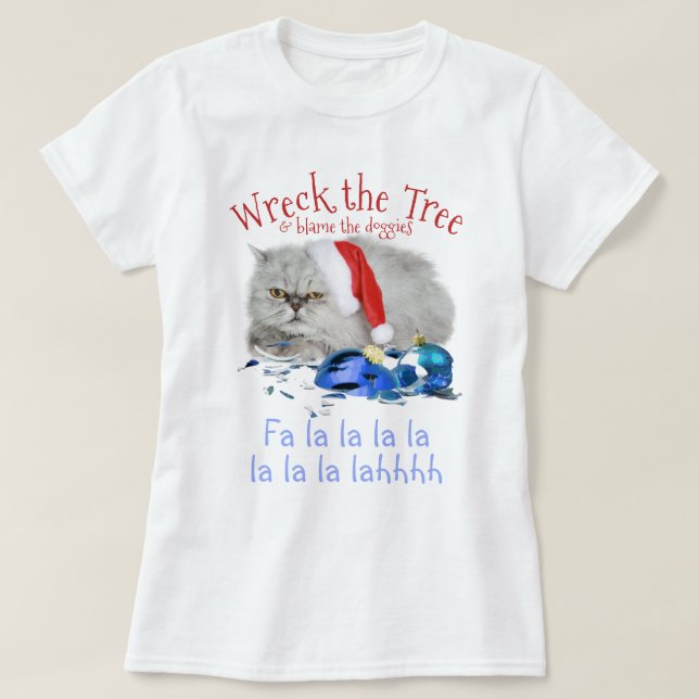 Wreck the Tree Anti Christmas Grumpy Kitty Cat T-Shirt (Design vorne)