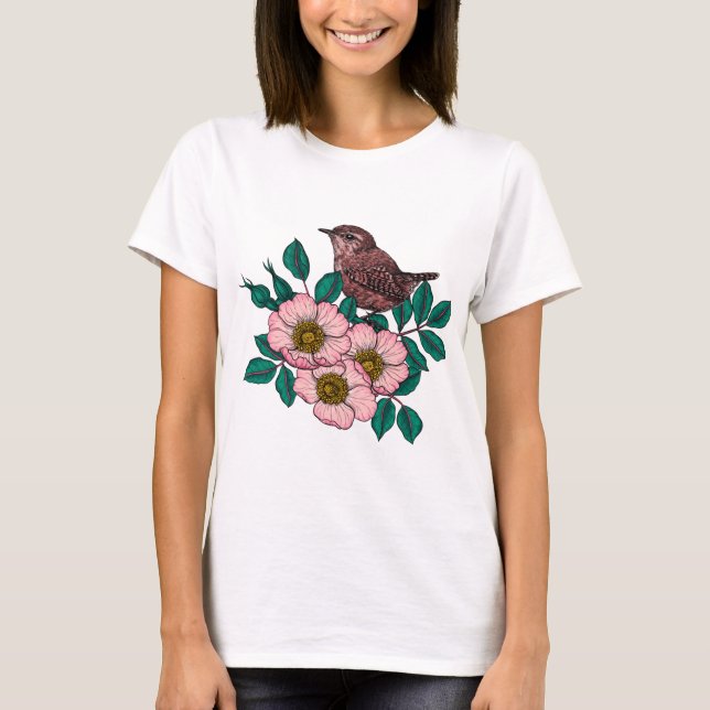 Wren auf einer Rose T-Shirt (Vorderseite)