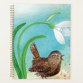 Wren Bird singt in der Morgendämmerung im Frühling Planer